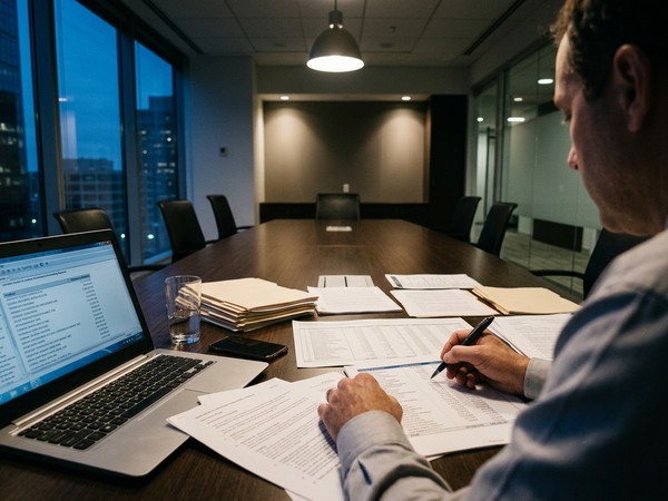 עורך דין בוחן מסמכים בבקשה לעיכוב הליכים נגד חברה.